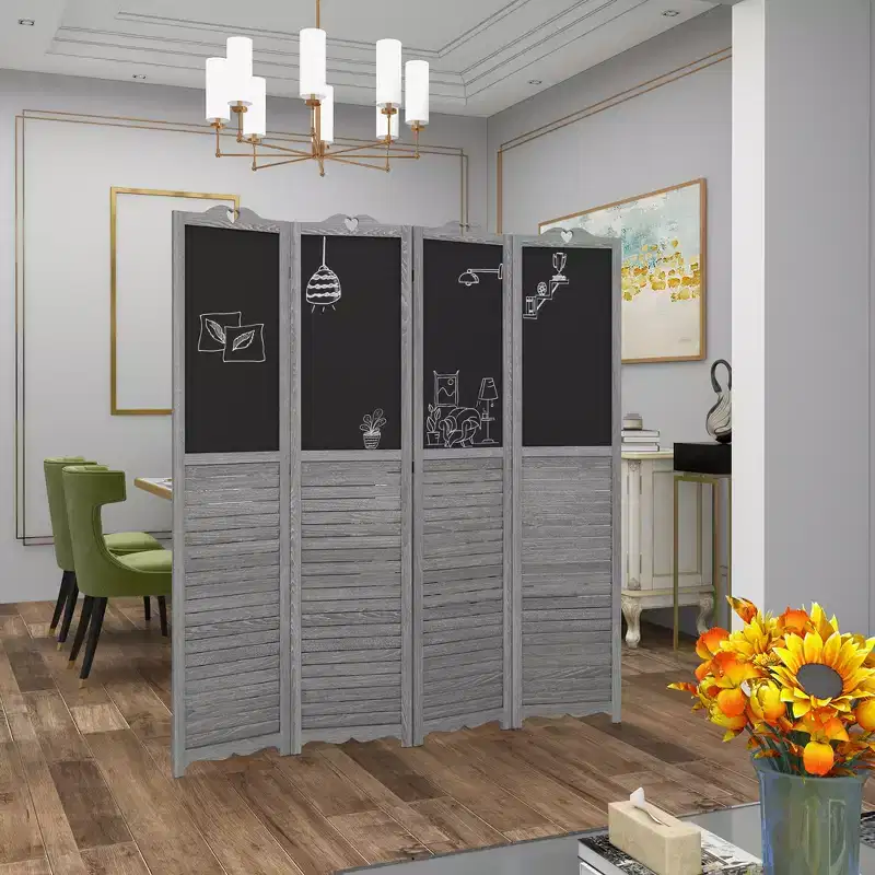 Wooden Room Divider with Blackboard, 4 Panel Folding Privacy Screen for Home Office, 5.5'