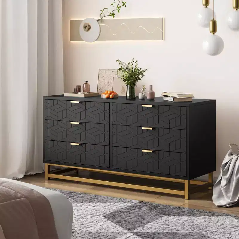 Dresser for Bedroom, 53.5 Large Dresser Organizer, 6 Drawer Dresser with Golden Metal Handle and Legs, Dressers with Drawers
