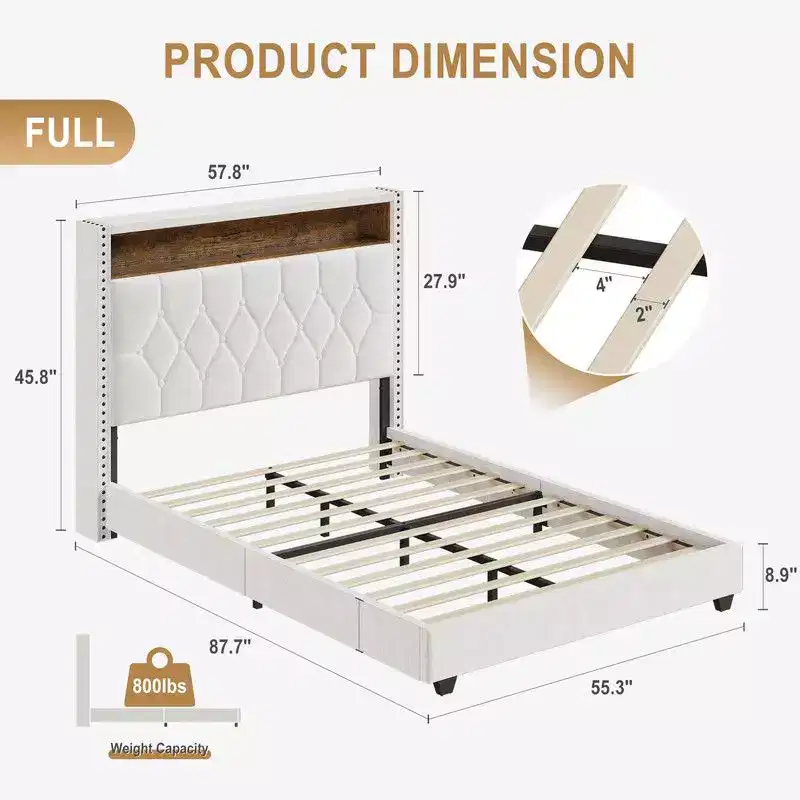 Coolmee Full/Queen/King Size Bed Frame with LED Lights, Upholstered Platform Bed with Charging Station and 2-Tier Storage Headboard
