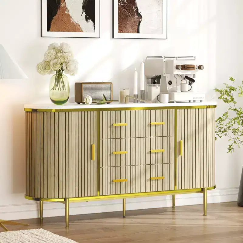 59in Farmhouse Fluted Sideboard Buffet Cabinet, Media TV Console Table with 6 Drawers & 2 Sliding Doors, Versatile Storage Cabinet for Living Room