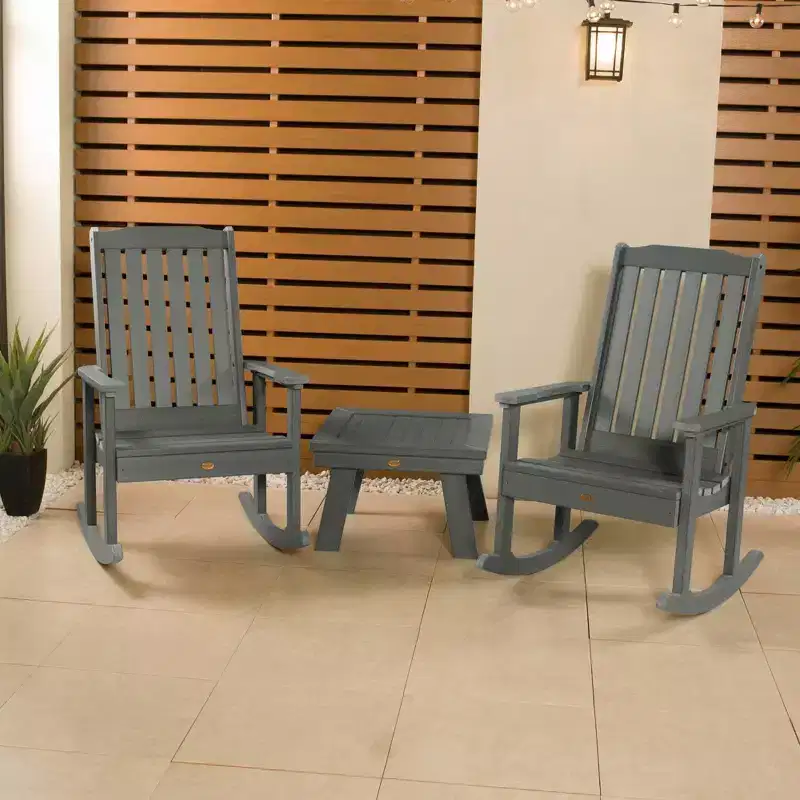 Lehigh 2pk Rocking Chairs with 1 Adirondack Side Table Coastal Teak Gray- Highwood: Outdoor Patio Furniture Set