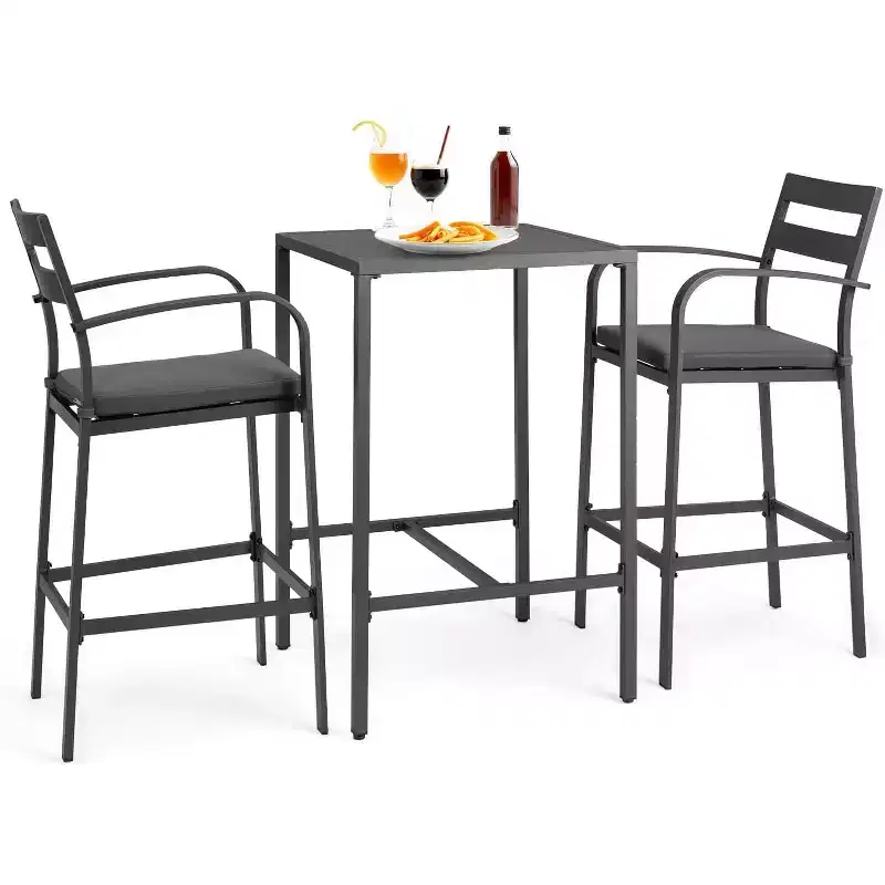 VINGLI 3-Piece Outdoor Bar Set, Aluminum Bar Height Table & 2 Chairs with Cushions, Counter Height Patio Furniture for Backyard, Poolside