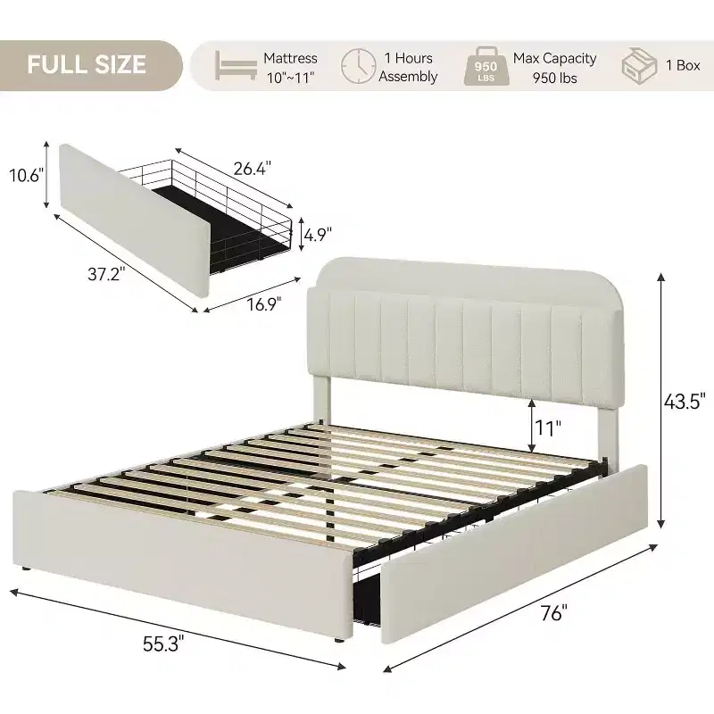 Twin Bed Frame with Storage Headboard, 2 Drawers, Wooden Slats, No Box Spring Needed, Noise Reducing, Easy Assembly
