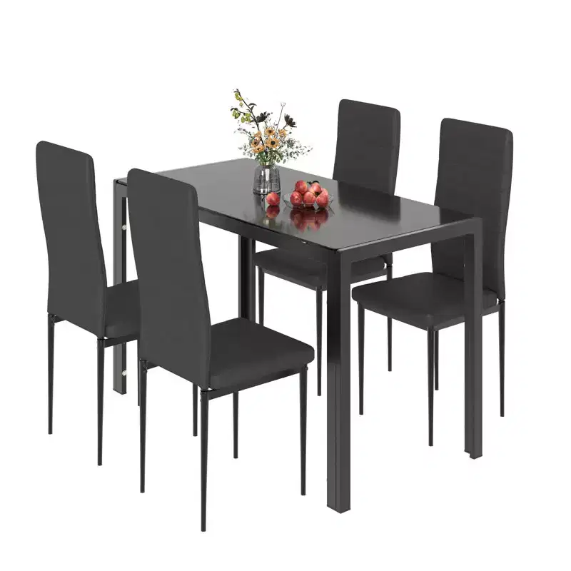 EROMMY Ebern Designs 5-Piece Glass Top Dining Table Set, Kitchen Table And 4 Luxury Faux Leather Chairs, Black