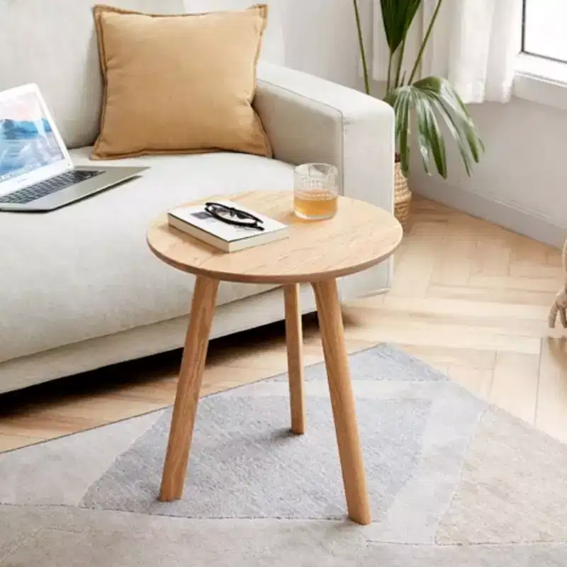 Solid Oak Wood Round End Table, Easy Assembly, for Living Room, Bedroom, Balcony