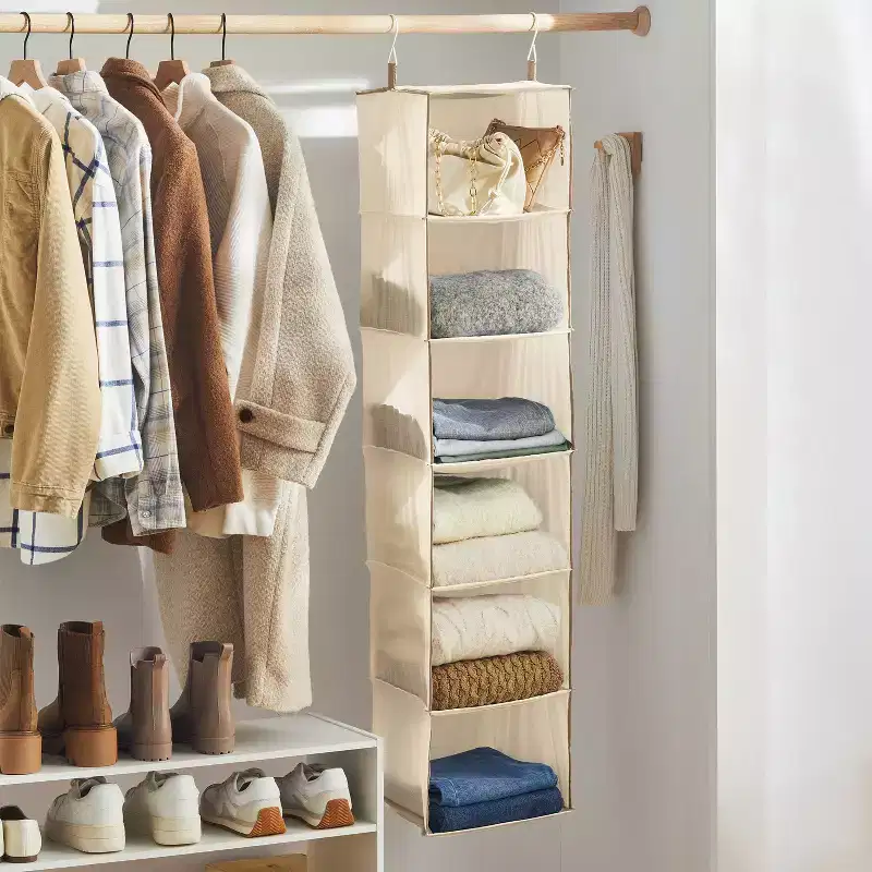 6-Shelf Hanging Closet Organizer, Fabric, Tan, 52