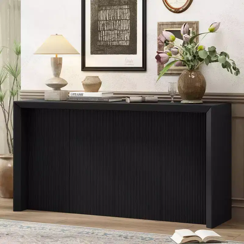 Acacia Wood Veneer Simple Entryway Table with Wavy Design Suitable for Study Entryway Hallway Living Room Foyer