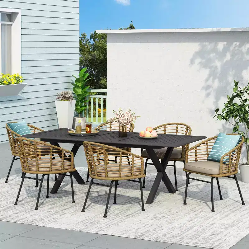 Christopher Knight Home Rogge Outdoor Wicker and Aluminum 7 Piece Expandable Dining Set with Cushion, Light Brown/Matte Black