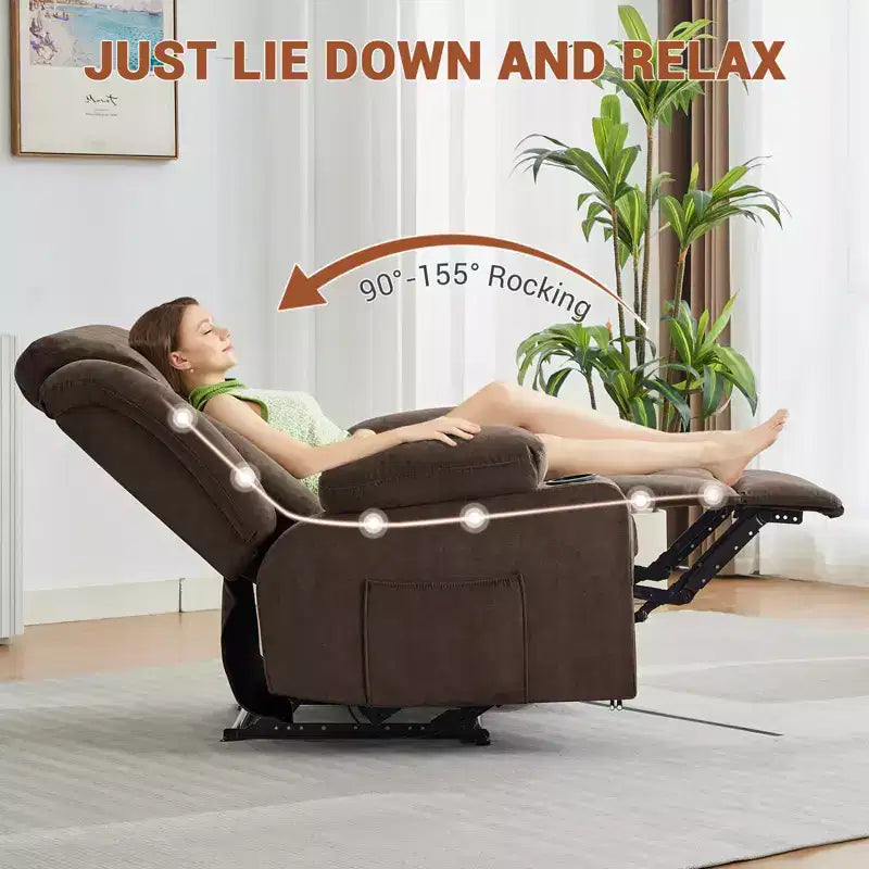 Massage Rocker Recliner Chair, Comfy Overstuffed Rocking Chair with Side Pockets, Front Pockets and Cup Holder, Easy Assembly