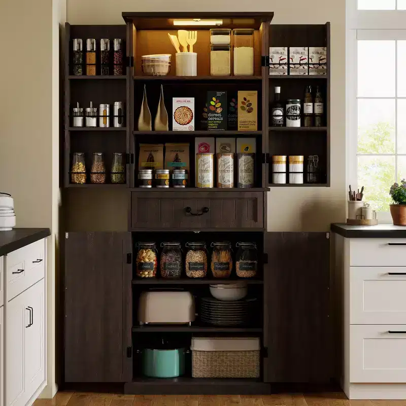 HOMCOM 71 LED Kitchen Pantry Cabinet, Farmhouse Storage Cabinet with Door Shelves, Adjustable Shelves and Drawer, Distressed Brown