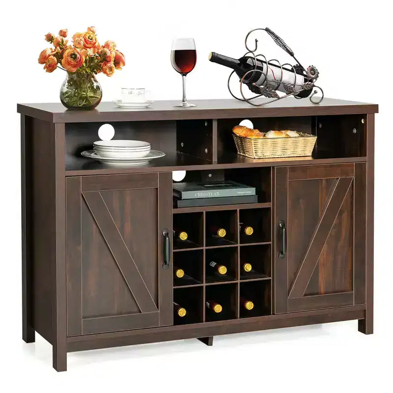 Costway Buffet Storage Cabinet Farmhouse Sideboard w/9-Bottle Wine Rack & 2 Doors