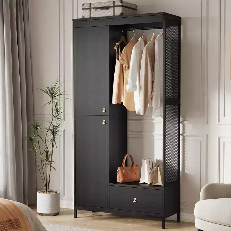 Large Wardrobe Closet with Shelves & Hanging Rail, 78.9 Metal Frame Armoire with Drawer, Open Hanging Space & Storage Compartment