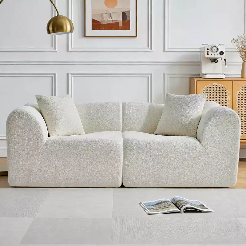 Beige / Black / Blue / Gray Boucle 2-Seat Loveseat Sofa with Throw Pillows
