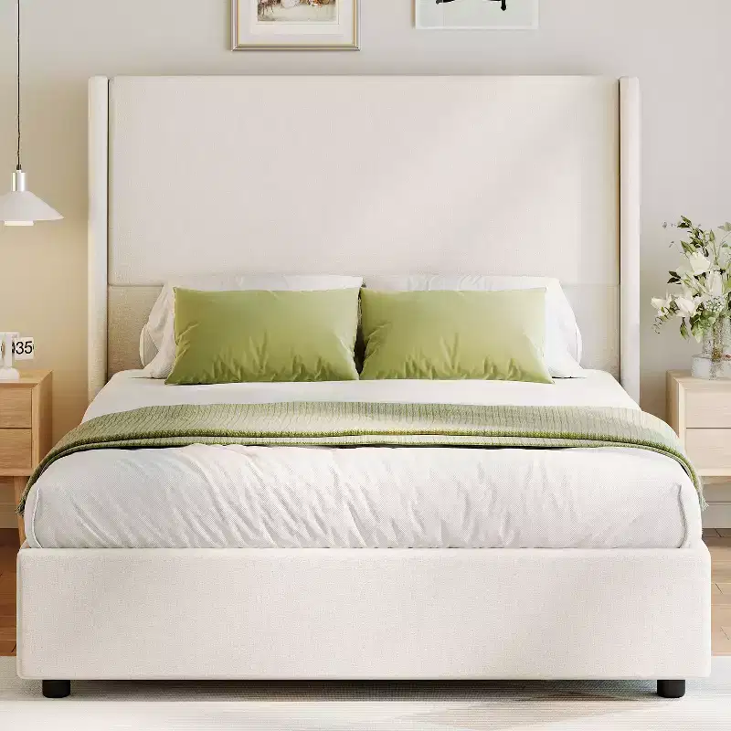 Dyonery Queen Size Wingback Headboard Upholstered Platform Bed - 55.5 Tall, Solid Wooden Slats, No Box Spring Needed, Noise-Free Foundation