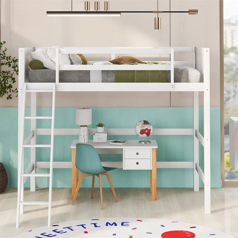 Twin Size Solid Wood Loft Bed with Ladder – White / Espresso / Grey, 1-Person Use