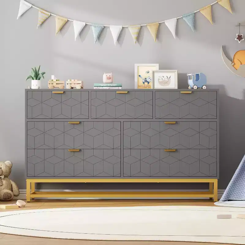 Grey & White 7-Drawer Dresser with Gold Handles, MDF, 53.5