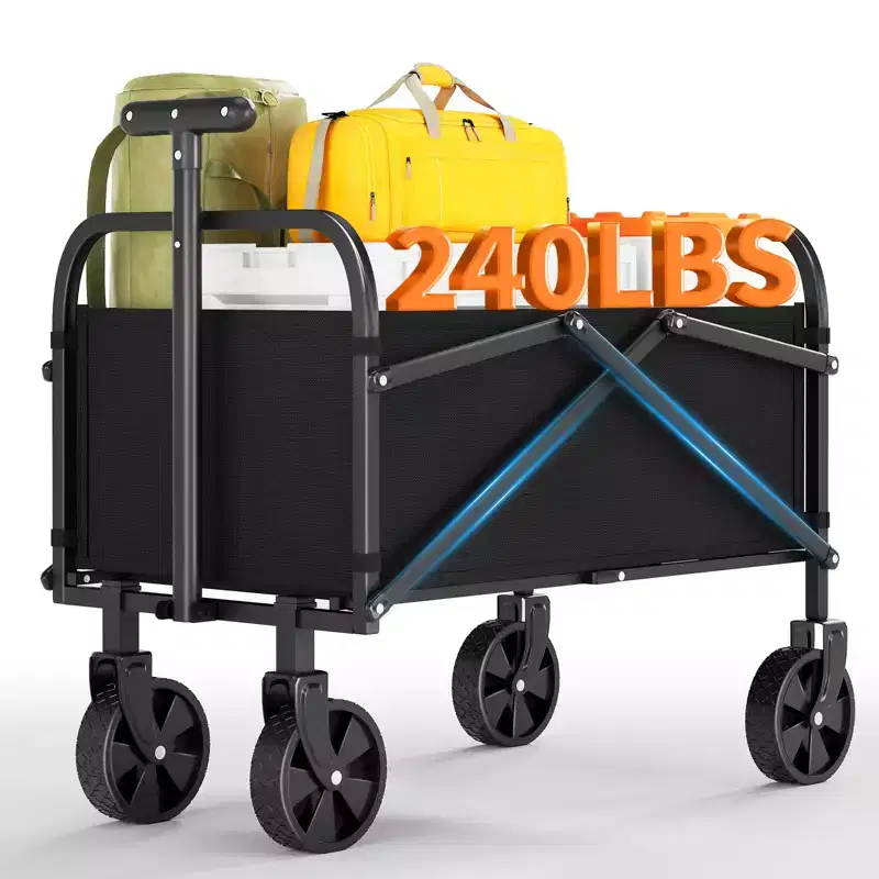 Portable Heavy-Duty Folding Wagon Cart, 240lb Capacity with Wheels & Brakes, Adjustable Handle Collapsible Wagon for Camping, Groceries, and Storage
