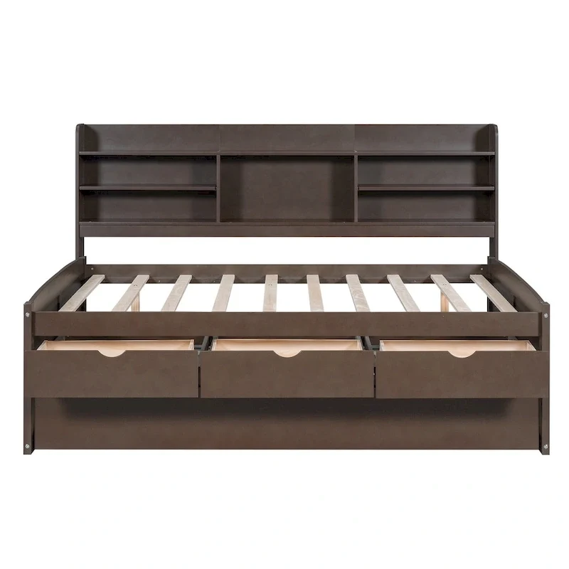 Full Pine Captain Bed with Shelves, Drawers & Trundle