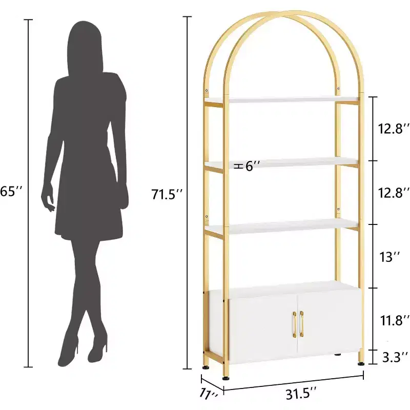 4 Tier Arched Bookshelf with Doors, 71.5 Inch Tall Industrial Metal Frame, Gold Open Curved Bookcase for Living Room Office