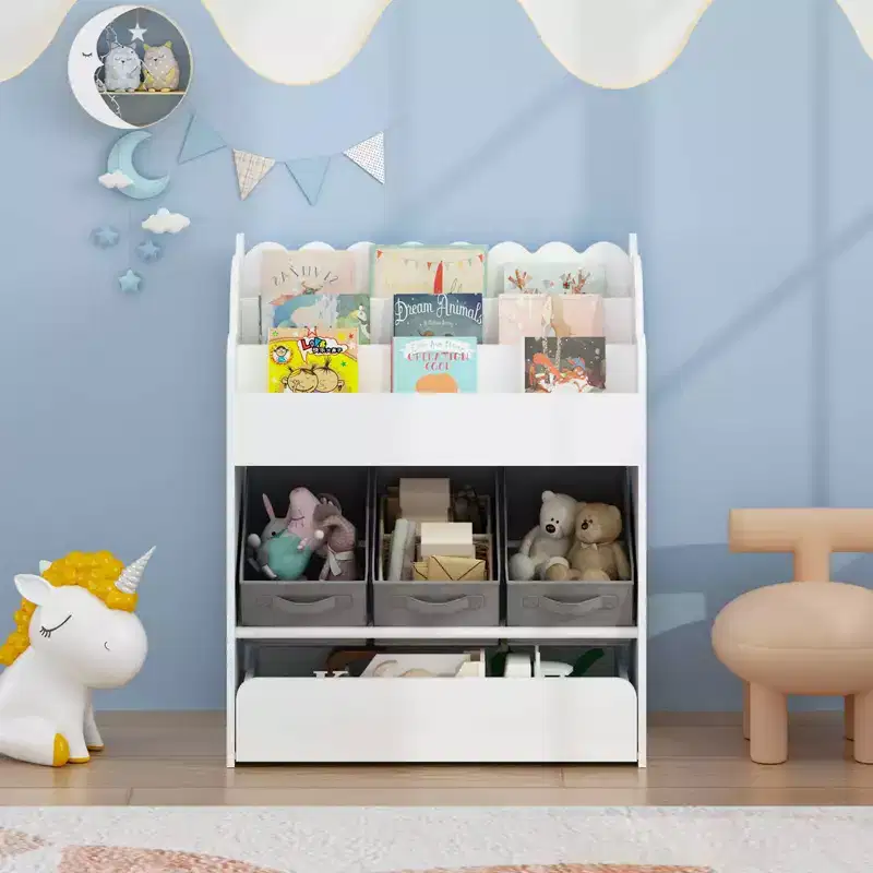 MAYEERTY Bookshelf with Storage Bins and Drawer, Multifunctional Wooden Book Organizer for Toddles for Living Room White