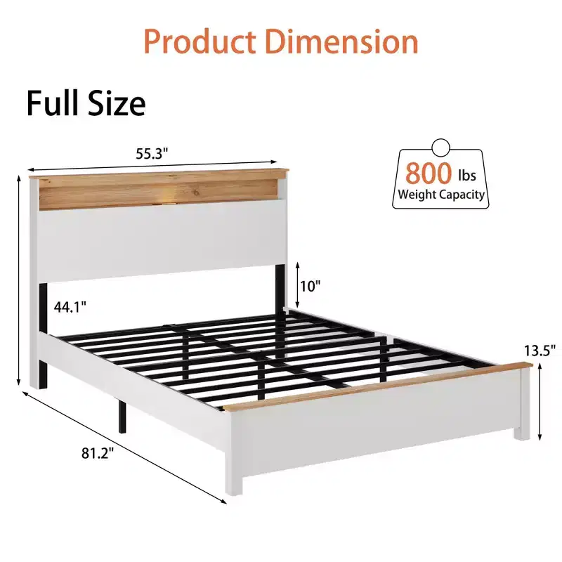 All-Wood Rustic Farmhouse Bed Frame with Storage Headboard and Built-In USB Charging Station, Easy Assembly, Classic White
