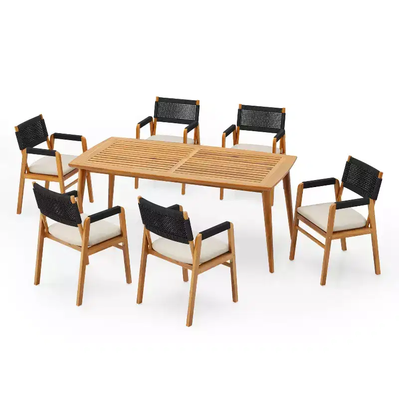 ModernLuxe Outdoor Dining Sets, Acacia Wood 7pcs Patio Conversation Chat Set with Rope-Woven Armchairs
