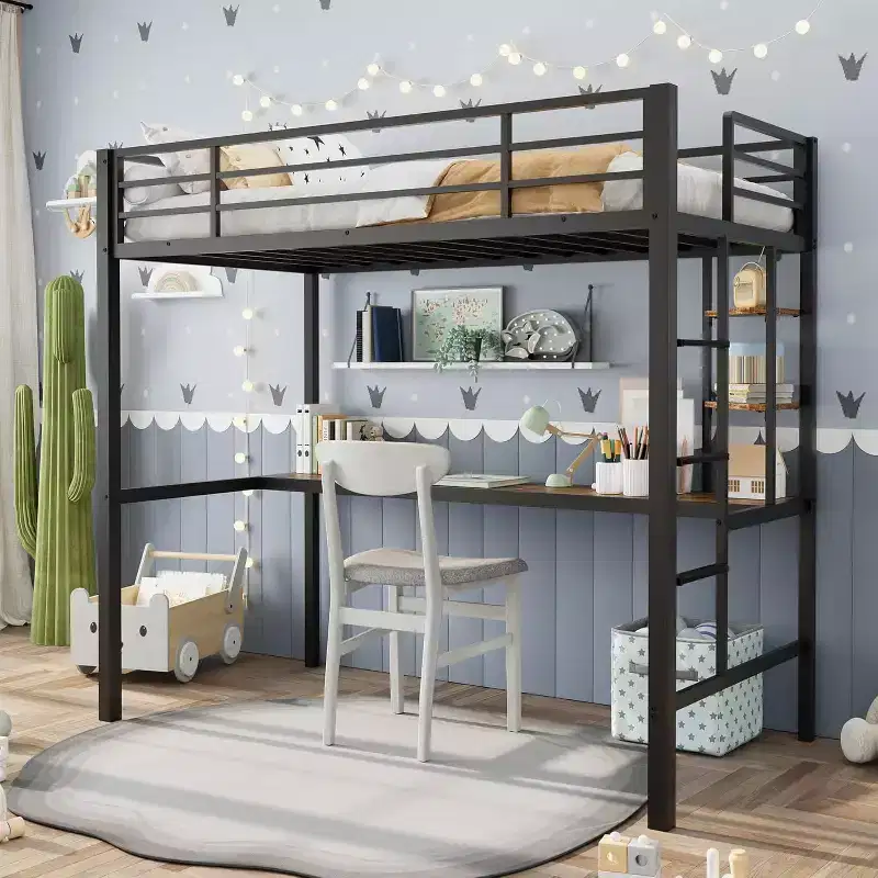 Twin Size Loft Bed with Large Desk and Storage Shelves, Heavy Duty Metal Loft Bed with Safety Guardrail and Ladder, Steel Slats Support, Space Saving