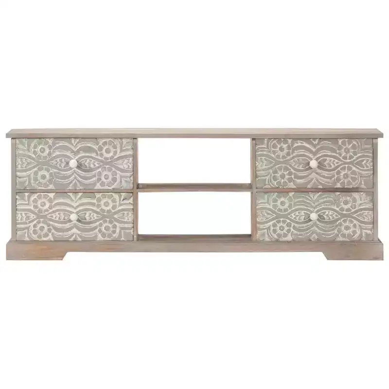 TV Stand White and Grey Solid Acacia Wood with Hand-Carved Patterns, 6 Storage Compartments