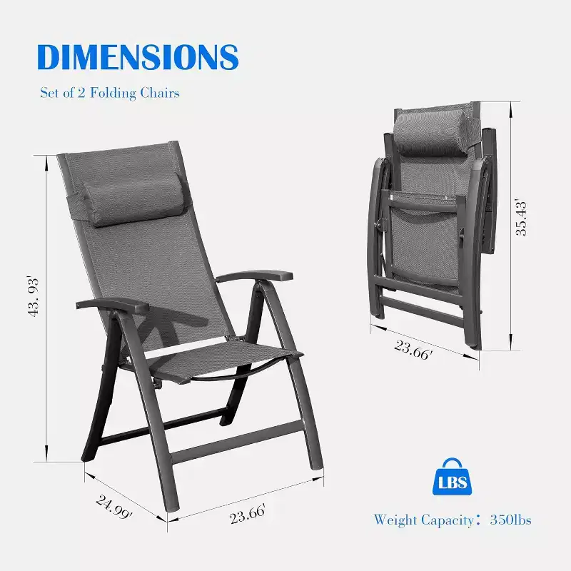 Clihome Patio Folding Chairs Set of 2 - Textilene Adjustable Backrest Loungers