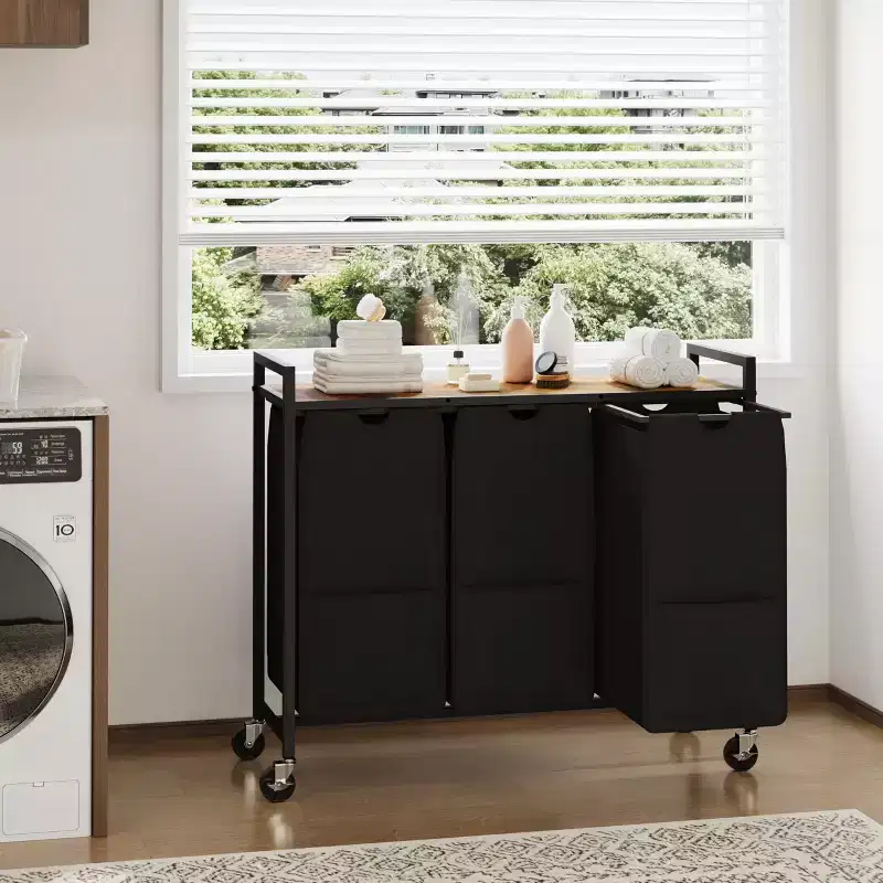 Laundry Sorter with Wheels and Removable Bags, 3-Bin Rolling Storage Cart with Shelf for Bedroom Bathroom Dorm, 33 Space-Saving Hamper