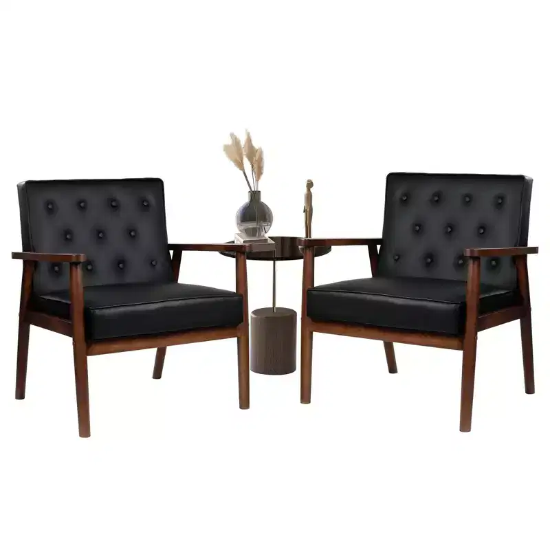 TYBOATLE Upholstered Mid Century Faux Leather Accent Chair, Button Tufted Arm Chair with Wood Frame for Living Room & Bedroom, Single or Set of 2
