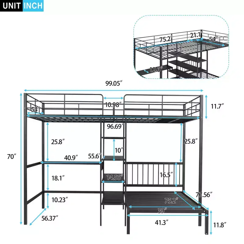 Full over Twin Metal Bunk Bed, L Shaped Loft Bed Frame with Built-in Desk and Shelves