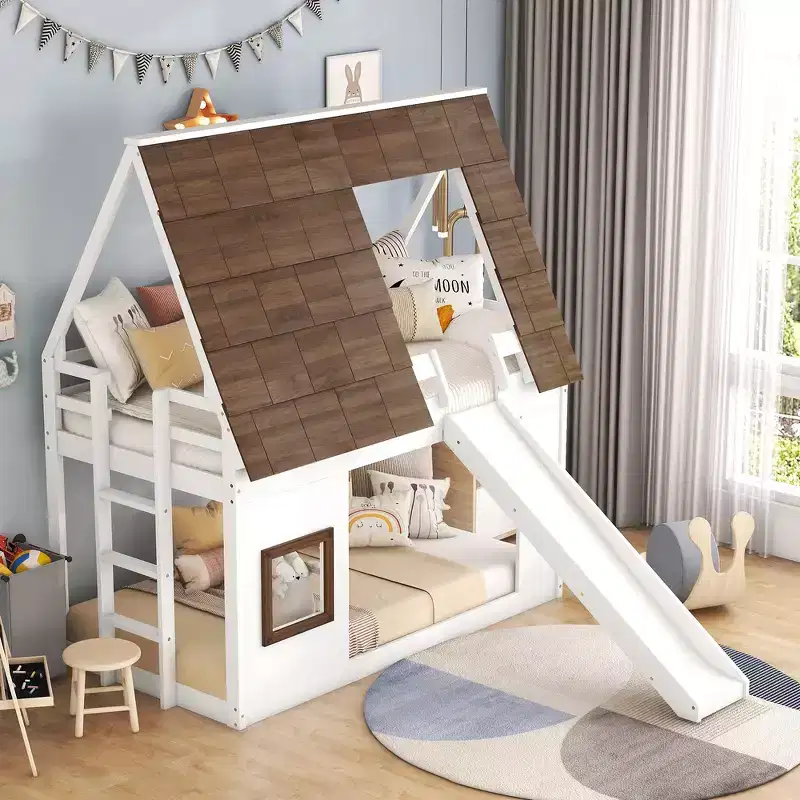 Bunk Bed Frame with Roof, Window, Guardrails & Built-in Ladder(Upgraded) - White & Brown