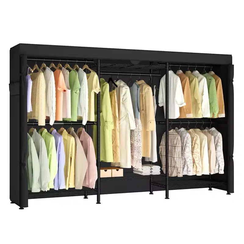 Heavy-Duty Rolling Clothes Rack, Portable Closet on Wheels, with Adjustable Mesh Shelves and Hanging Rails, Fabric Cover, Ink Black