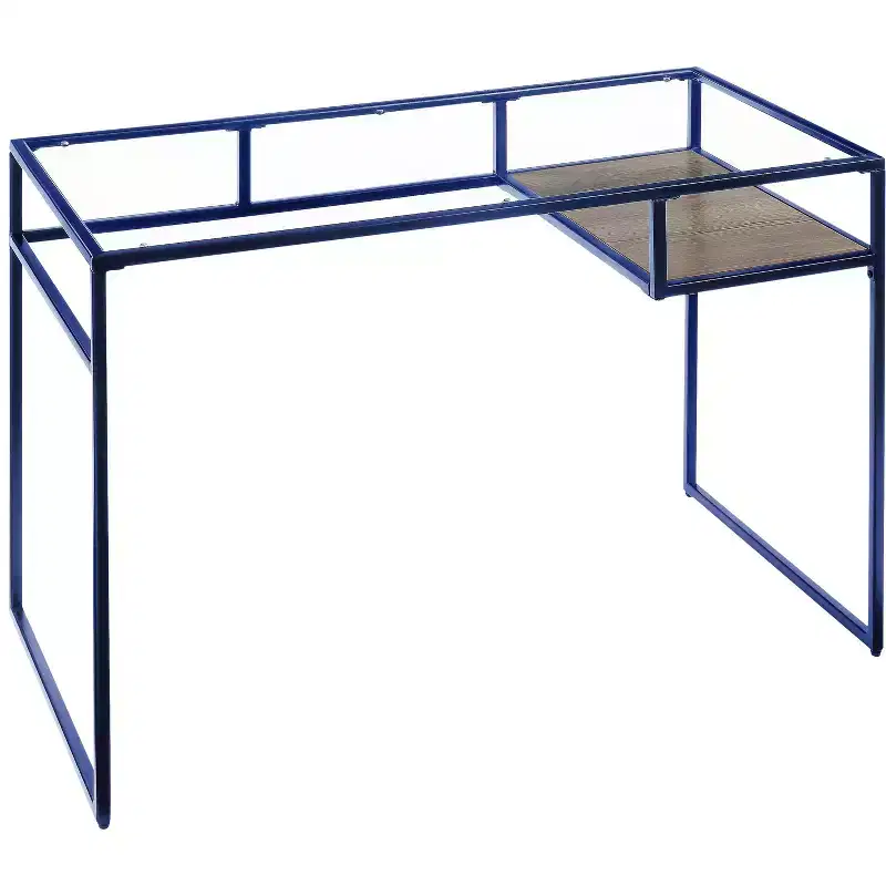 TUYOHW Writing Desk,Study Desks with Storage Shelf,Clear Glass Top,Metal Frame,Sled Base,Modern Rectangular Desk for Home Office,Study,Bedroom