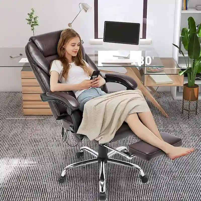 Ergonomic Heated Executive Office Chair, 2/4/6-Point Massage, Retractable Footrest, PU Leather