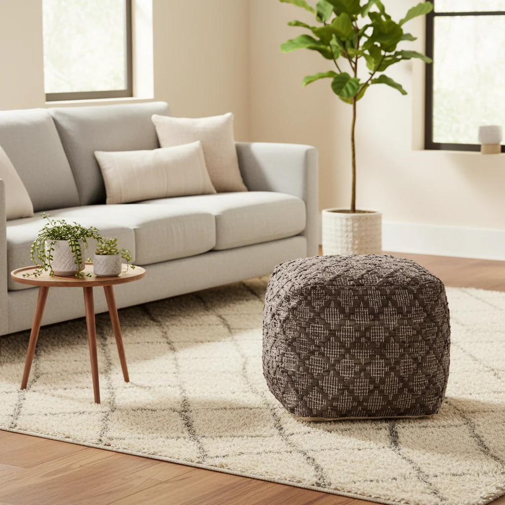 Grey Patterned Leather & Cotton Square Pouf