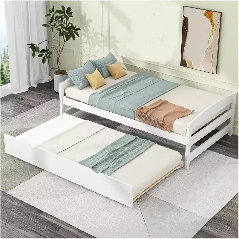 Wood Daybed with Trundle, Twin Size Platform Bed, Space-Saving Frame for Kids and Guests White One Size