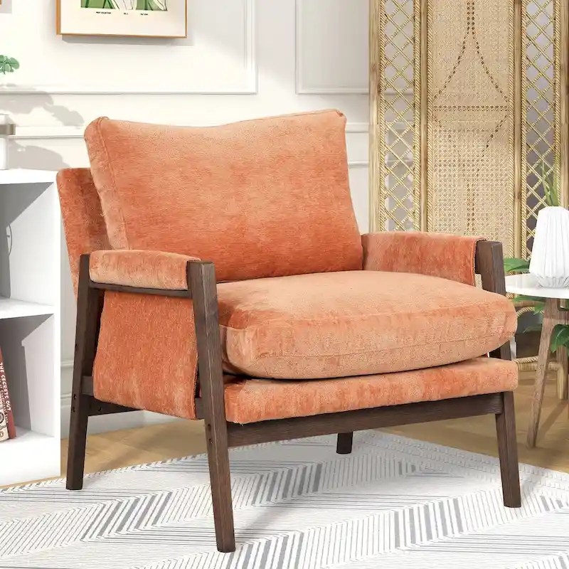 Mid-Century Velvet Solid Wood Accent Chair with Thick Seat Cushion