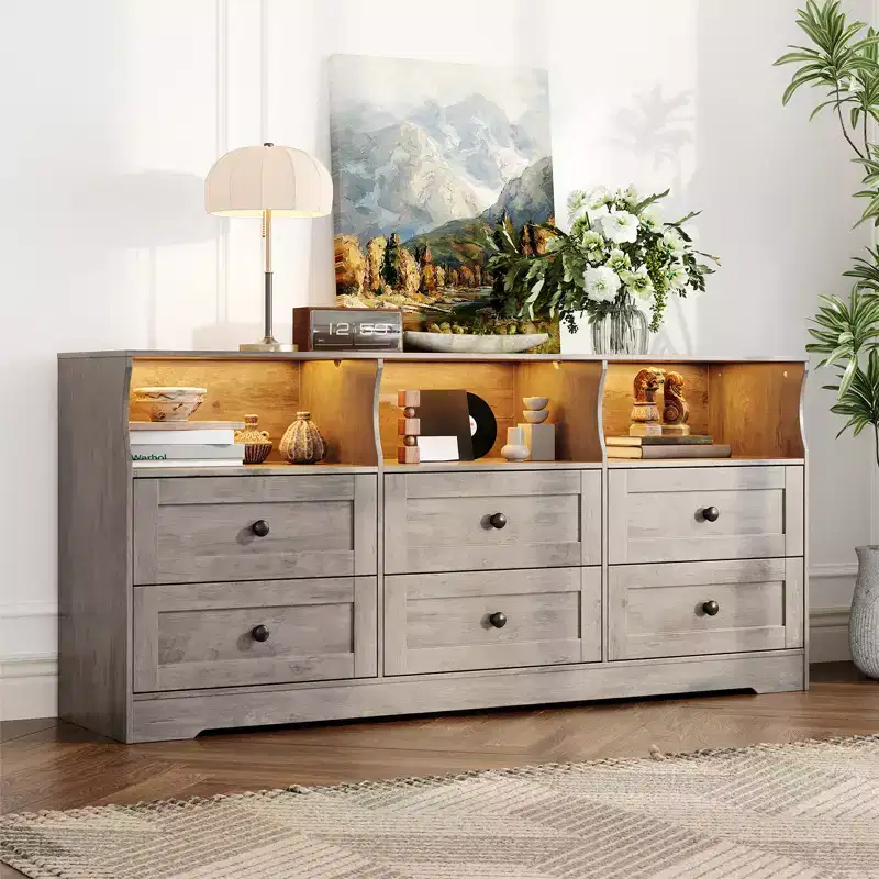 63 Inch Modern Dresser, 6 Drawer Wood Chest of Drawers with Open Shelves, Storage Organizer TV Stand for Bedroom, Living Room, 400lbs Capacity, Oak