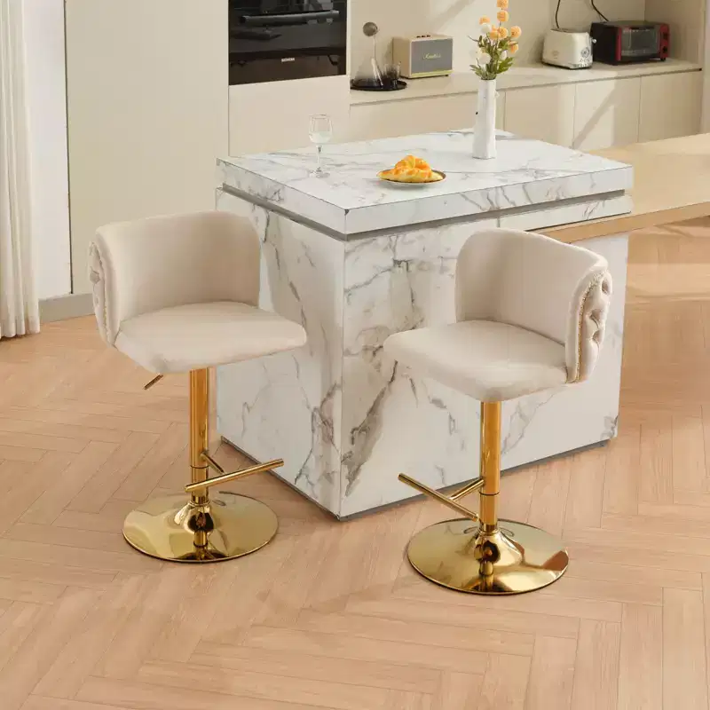 Velvet Upholstered Swivel Bar Stools with Gold-Plated Base & Adjustable Height