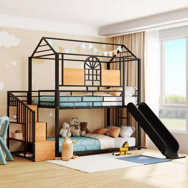 Twin over Twin Metal Bunk Bed, Metal Housebed with Slide and Storage Stair with Black Slide