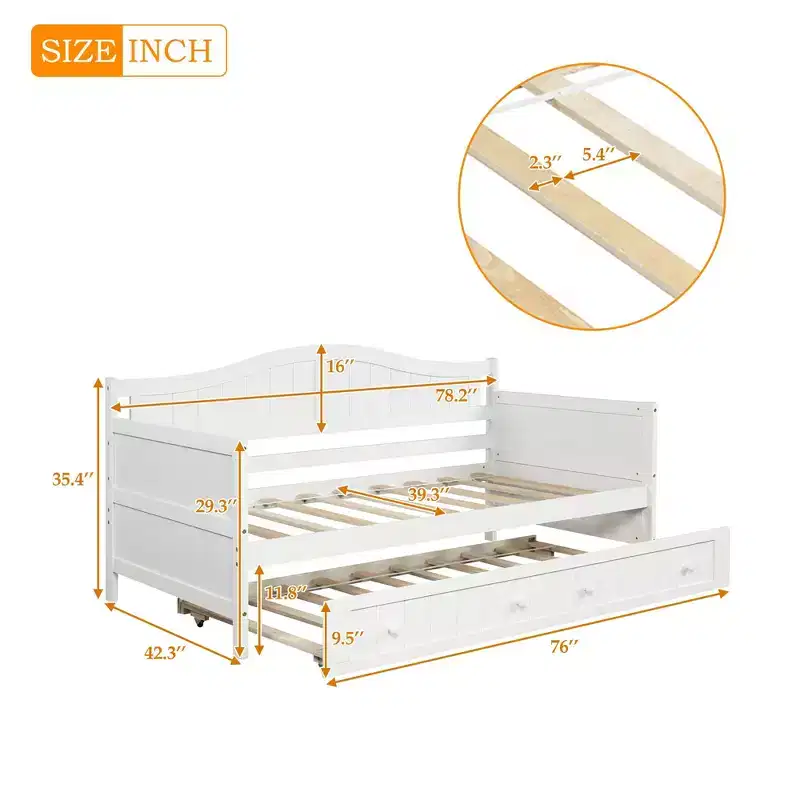 Wooden Daybed with Easy-Pull Trundle for Bedroom and Living Room