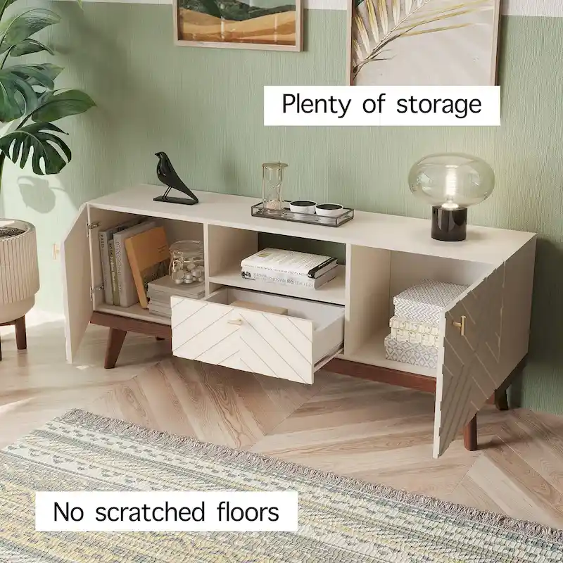 Mid-Century Modern TV Stand Console with Drawer, Beige, Fits TVs up to 65 in, Wood Legs
