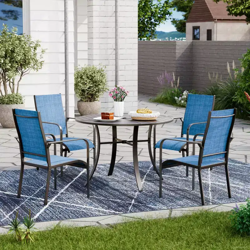 EROMMY 5 Piece Patio Dining Set, Outdoor Dining Table And Chairs Set For 4, 4 Textilene Chairs, 1 Iron Round Table With Adjustable Umbrella Hole