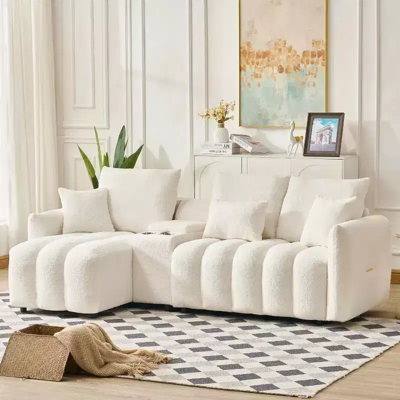 92 inch High Quality Fur Fabric Corner Sofa with Center Console Coffee Table for Living Room Apartments White