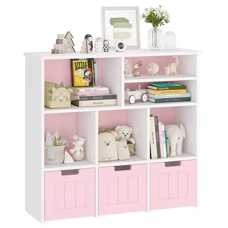Kids Bookshelf Bookcase with 3 Movable Drawers & 6 Cubes for Toy Storage Organizer White