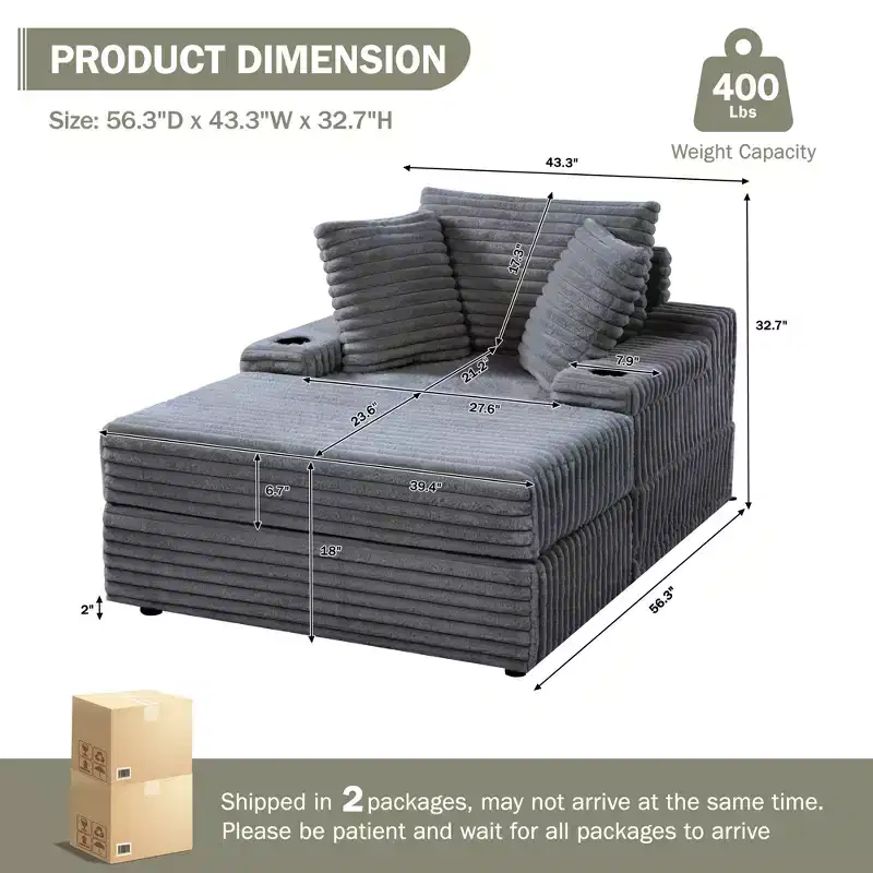 Oversized Chaise Lounge Chair Indoor with Storage Ottoman, Upholstered Corduroy Sofa Bed Cloud Couch with 3 Pillows for Living Room, Bedroom