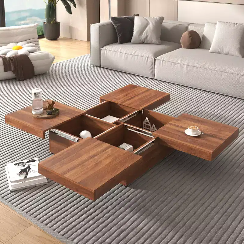 39W Square Coffee Table Cocktail Table Center Table with Sliding Top, Storage Space and White Marble Veneer/Walnut Grain Veneer-ModernLuxe