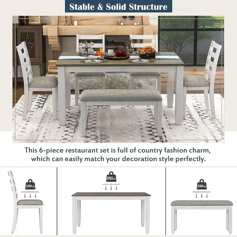 60 Farmhouse Rectangular Dining Table with 4 Upholstered Chairs and Bench